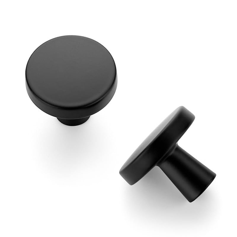 JOY DECOR 5 Pack Kitchen Cabinet Knobs Solid Drawer Knobs Dresser Knobs 1-1/4 Inch Drawer Pulls Matte Black Cabinet Hardware for Dresser Drawers Round Cabinet Door Knobs Simple Drawer Handles - Image 1