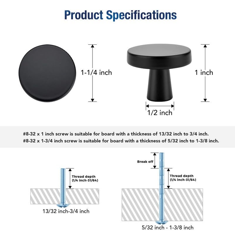JOY DECOR 5 Pack Kitchen Cabinet Knobs Solid Drawer Knobs Dresser Knobs 1-1/4 Inch Drawer Pulls Matte Black Cabinet Hardware for Dresser Drawers Round Cabinet Door Knobs Simple Drawer Handles - Image 3