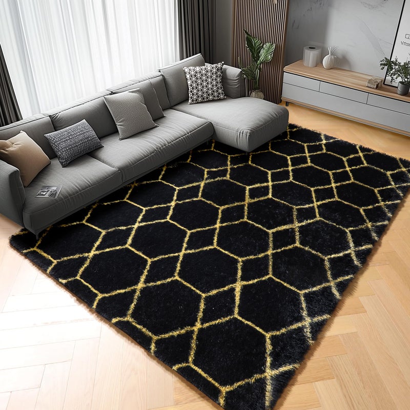 ONASAR Area Rugs for Bedroom Living Room, 4x6 Fluffy Black and Gold Throw Rug, Shaggy Geometric Floor Mat for Home Decor, Soft Plush Carpet for Kids Teen Playroom Dorm Classroom Office - Image 2