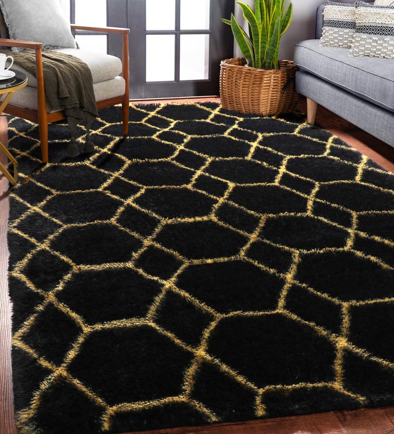 ONASAR Area Rugs for Bedroom Living Room, 4x6 Fluffy Black and Gold Throw Rug, Shaggy Geometric Floor Mat for Home Decor, Soft Plush Carpet for Kids Teen Playroom Dorm Classroom Office - Image 1