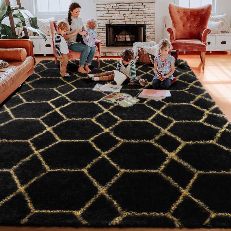 ONASAR Area Rugs for Bedroom Living Room, 4x6 Fluffy Black and Gold Throw Rug, Shaggy Geometric Floor Mat for Home Decor, Soft Plush Carpet for Kids Teen Playroom Dorm Classroom Office - Image 5