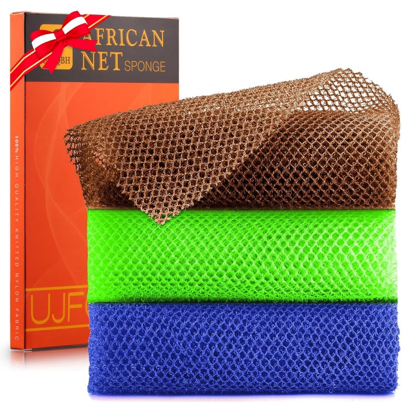 UJFQBH 3 Pieces African Bath Sponge African Net Long Net Bath Sponge Exfoliating Shower Body Scrubber Back Scrubber Skin SmootherGreat for Daily Use BrownBlueGreen