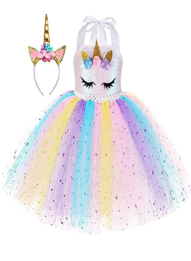 MYRISAM Girls Kids Unicorn Sequins Tutu Dress w/Headband Halloween Costume Rainbow Tutu Outfits Princess Birthday Party Gift 4-5T - Image 1