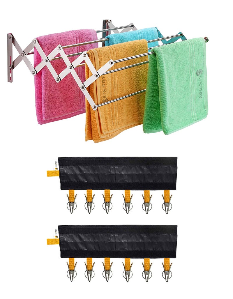Synergy 9 Rod - Premium Heavy Duty tainless Steel Foldable Wall Mount/Mounted/Mounting Clothes Drying Stand/Cloth Dryer Racks for Balcony/Indoor/Outdoor with EZEE Cloth Clipper Combo - Image 1