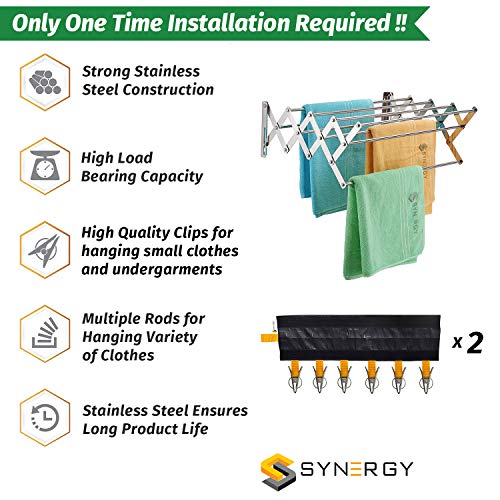 Synergy 9 Rod - Premium Heavy Duty tainless Steel Foldable Wall Mount/Mounted/Mounting Clothes Drying Stand/Cloth Dryer Racks for Balcony/Indoor/Outdoor with EZEE Cloth Clipper Combo - Image 2