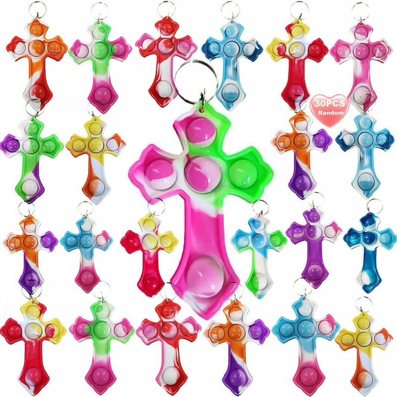Goodangie00 30 Packs Rainbow Bulk Religion Cross Mini Pop Fidget Keychain Bubble Toy for Kids Classroom Treasure Chest Students PrizesBirthday Goodie Bag StuffersEaster Party Favors Gifts - Image 3