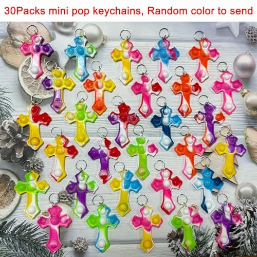 Goodangie00 30 Packs Rainbow Bulk Religion Cross Mini Pop Fidget Keychain Bubble Toy for Kids Classroom Treasure Chest Students PrizesBirthday Goodie Bag StuffersEaster Party Favors Gifts - Image 5
