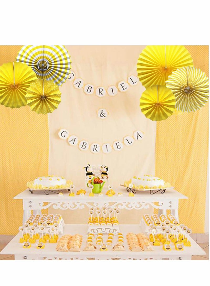 Excefore Party Hanging Paper Fans Set, Yellow Round Pattern Fan Garlands Decorations for Birthday Wedding Graduation Events Accessories, Set of 6 - Image 3