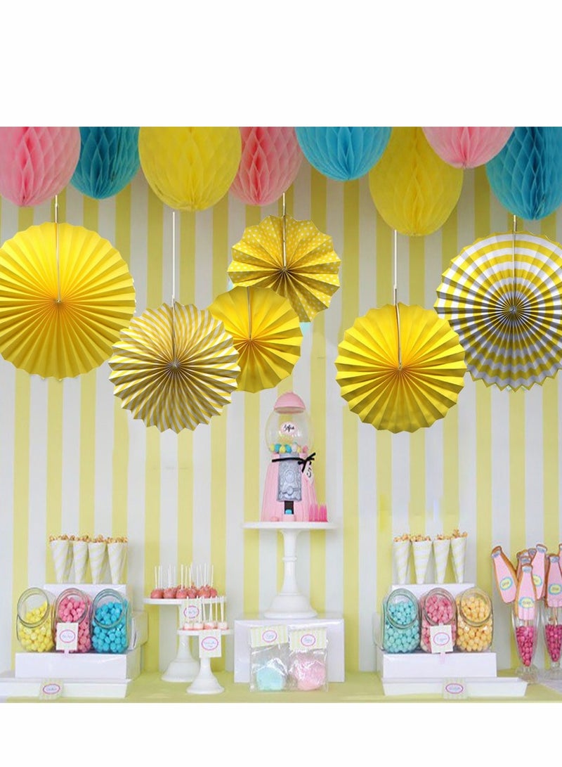 Excefore Party Hanging Paper Fans Set, Yellow Round Pattern Fan Garlands Decorations for Birthday Wedding Graduation Events Accessories, Set of 6 - Image 4