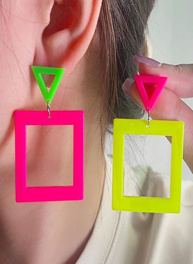 yfstyle 80s 90s Neon Earrings for Women Neon Square and Triangle Acrylic Earrings 80s 90s Outfits Neon Accessories Square - Image 2