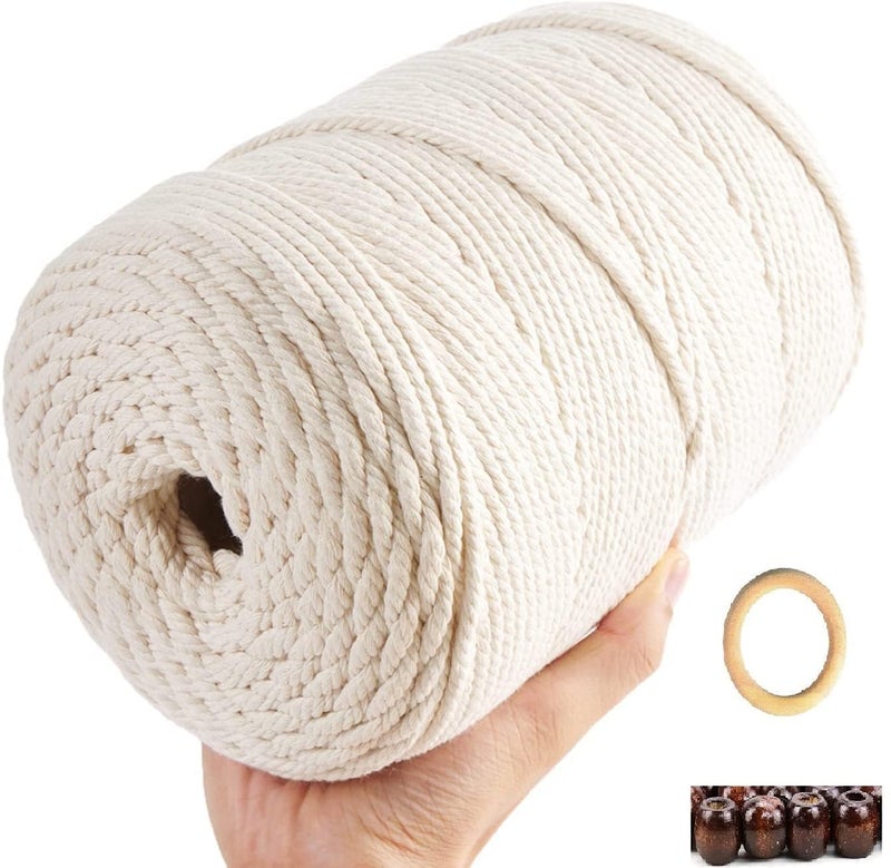 NEWZON 3 MM Twisted Compatible for Macrame Cotton Cord 200 Mtrs with Free 1 Wooden Ring 4 Wooden Beads for DIY and Other Projects Off White Natural - Image 1