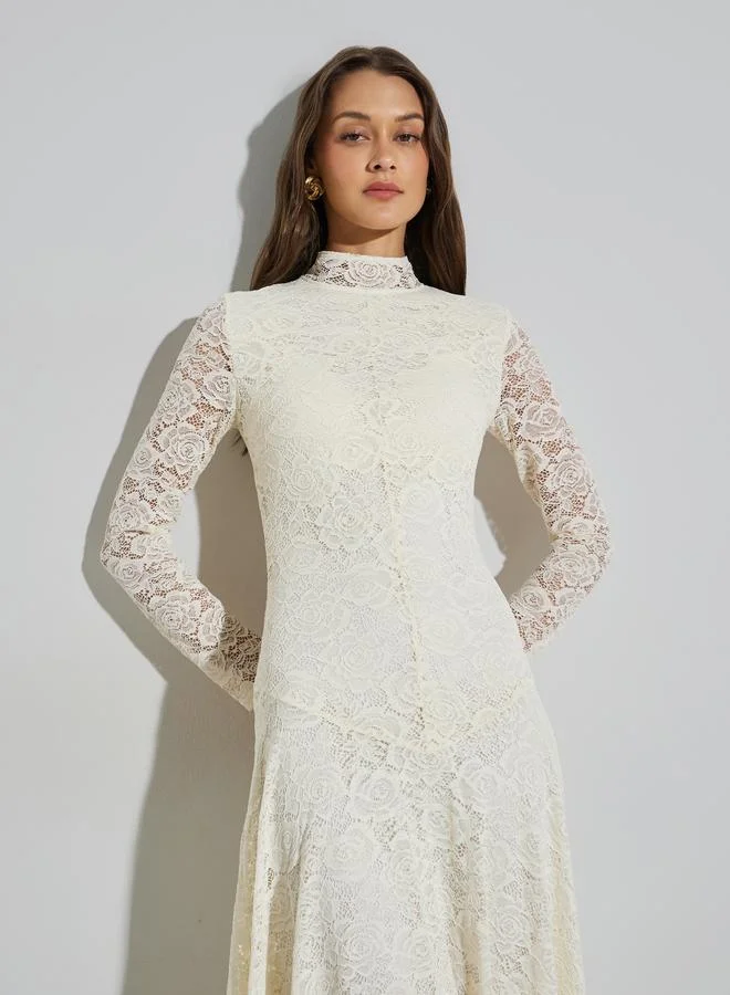 Styli Off White Lace Maxi Dress with Long Sleeves