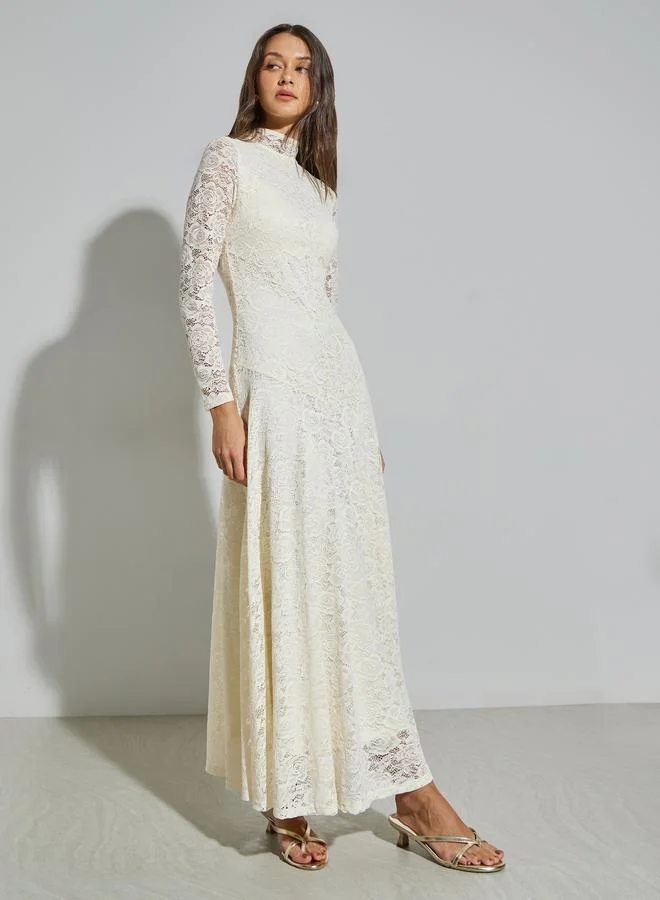 Styli Off White Lace Maxi Dress with Long Sleeves