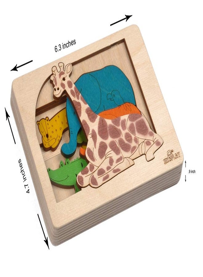 Ekoplay Jungle Animals Wooden Puzzle for Kids Age 3+ | 6 Piece Multilayer Jigsaw Puzzle | Montessori Preschool Educational Toy for Boys & Girls | Animal Learning Puzzle for Toddlers - Image 4
