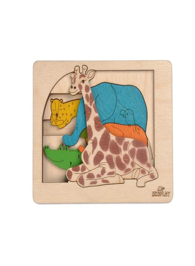 Ekoplay Jungle Animals Wooden Puzzle for Kids Age 3+ | 6 Piece Multilayer Jigsaw Puzzle | Montessori Preschool Educational Toy for Boys & Girls | Animal Learning Puzzle for Toddlers - Image 1
