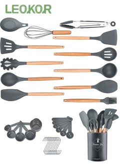 LEOKOR 24 pcs Kitchen Cooking Utensils Set Wooden Handle Non-Stick Silicone Cooking Kitchen Utensils Spatula Set with Holder  - Image 1