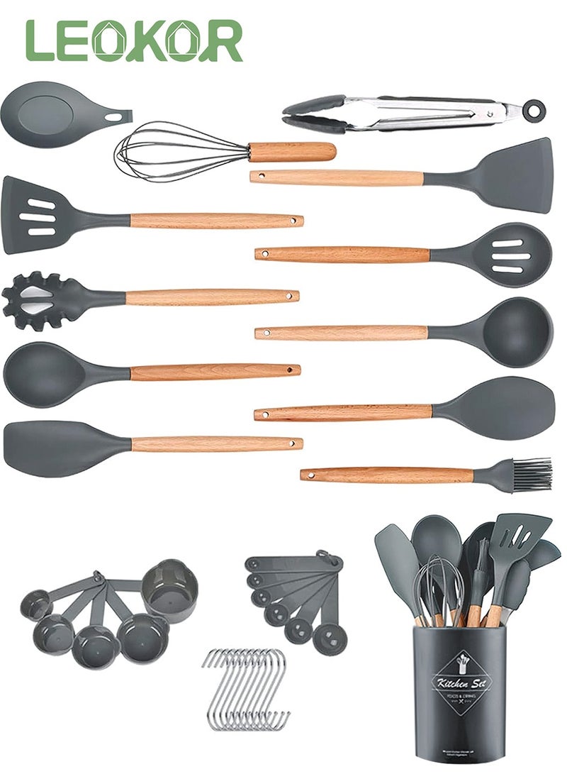 LEOKOR 24 قطعة مجموعة أدوات المطبخ الطبخ مقبض خشبي غير لاصق سيليكون أدوات المطبخ الطبخ ملعقة مجموعة مع حامل - Image 1