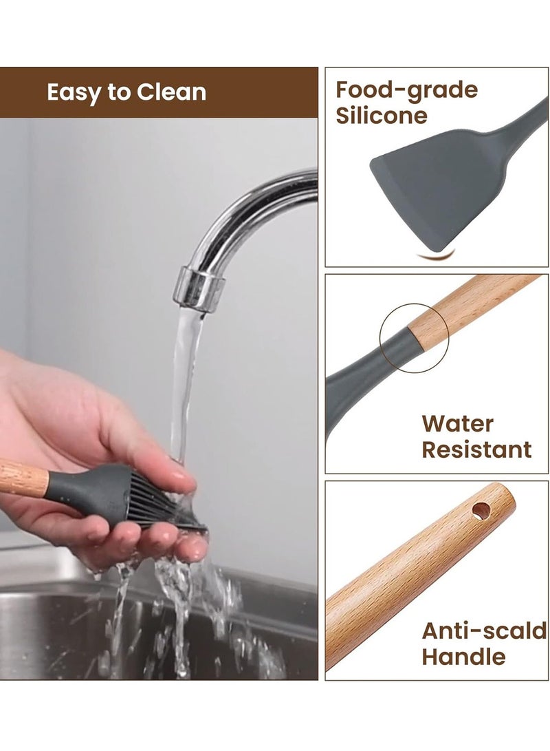 LEOKOR 24 قطعة مجموعة أدوات المطبخ الطبخ مقبض خشبي غير لاصق سيليكون أدوات المطبخ الطبخ ملعقة مجموعة مع حامل - Image 4