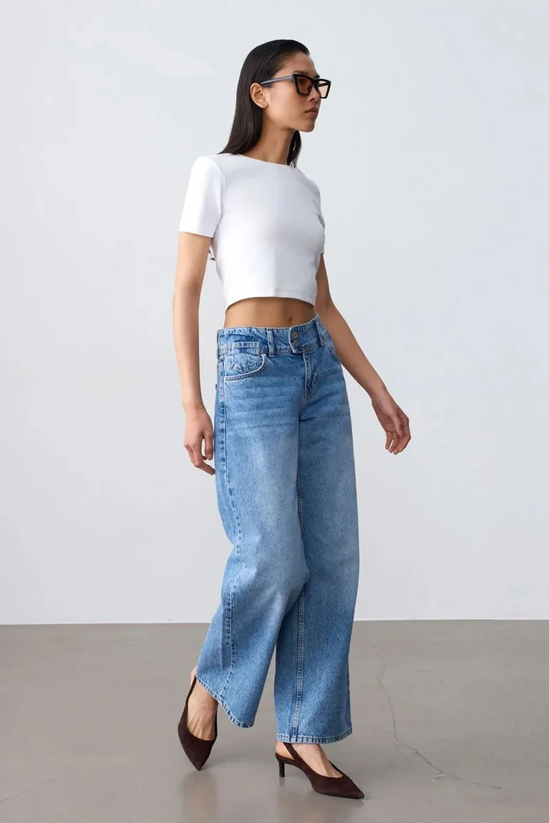 Dilvin Light-Mid Blue Denim DILVIN High-Waist Wide-Leg Cotton Jeans for Women | Best Price UAE