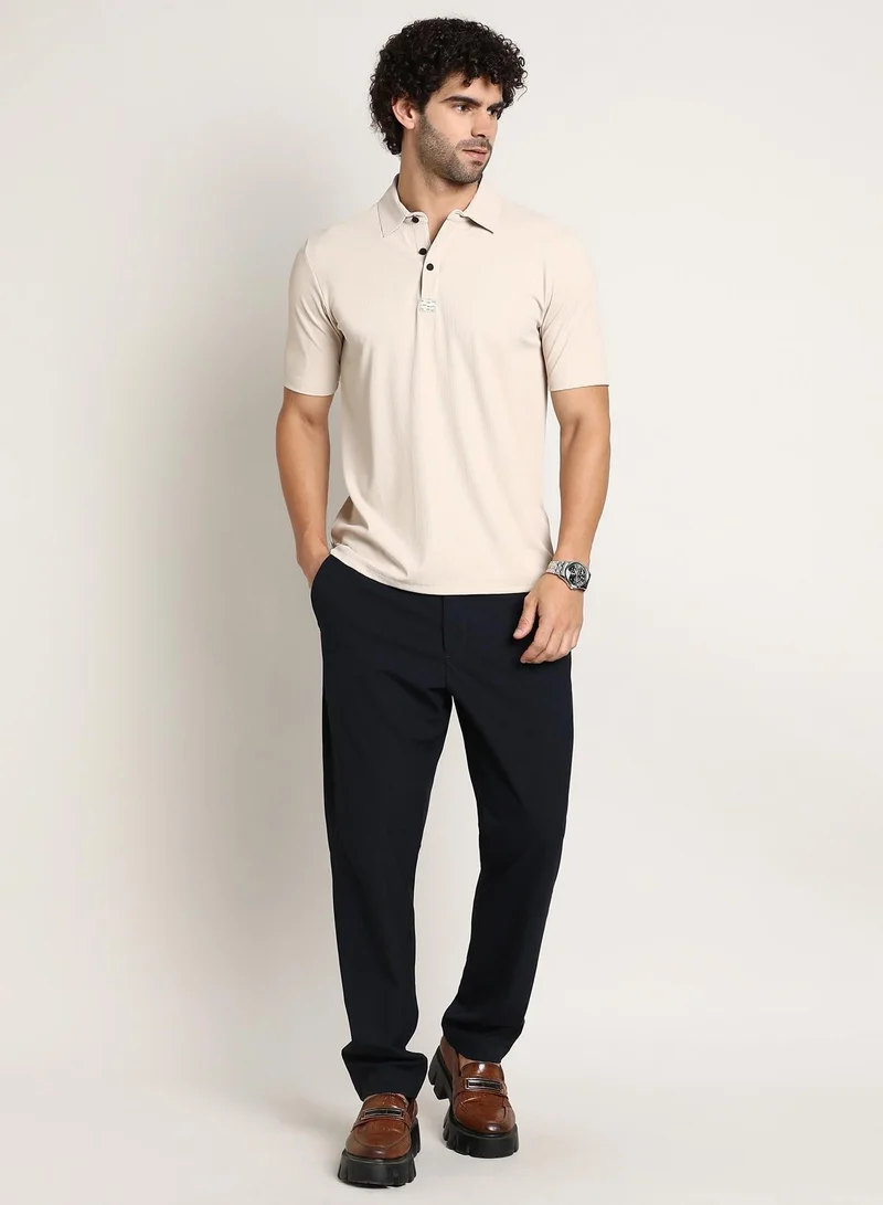 Campus Sutra Beige Men's Saltbox Beige Seamless Ribbed Polo T-Shirt for Men | Best Price UAE