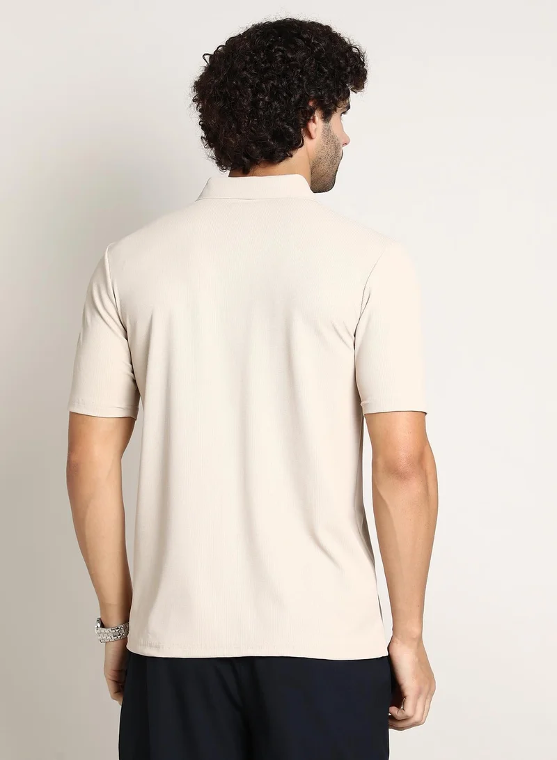 Campus Sutra Beige Men's Saltbox Beige Seamless Ribbed Polo T-Shirt for Men | Best Price UAE