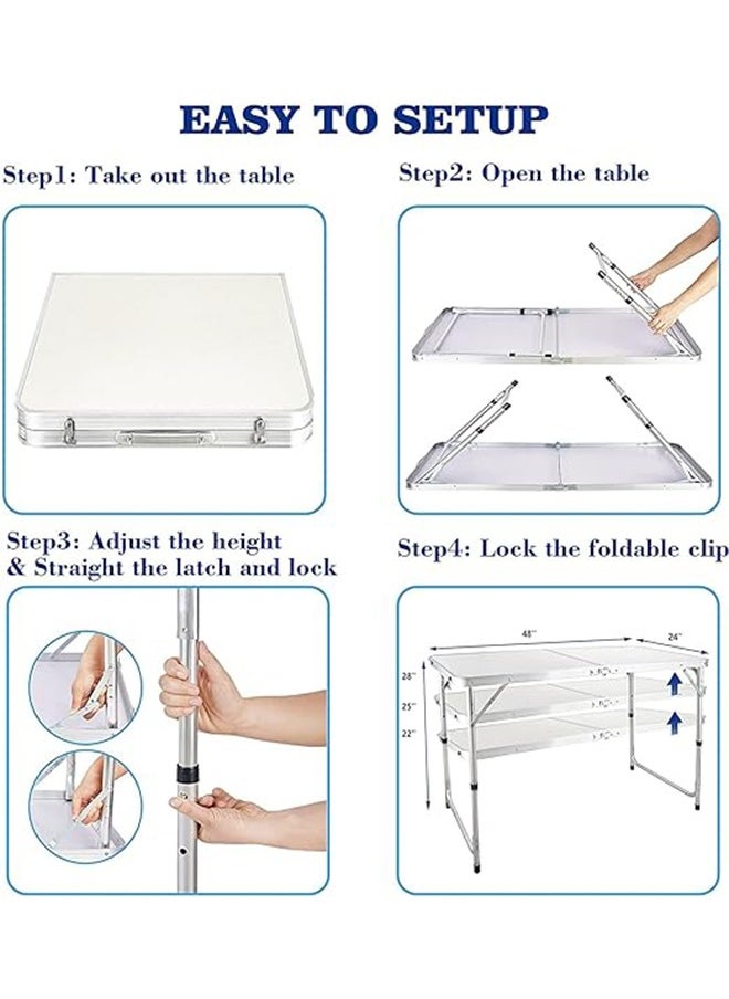 WEMART - Folding Table, 1.2M Folding Picnic Table, Aluminum Portable Camping Table with Handle, Adjustable Height Plastic Table for Picnic, Party, BBQ (White) - Image 1
