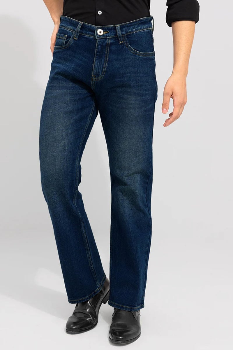 Waltz Men's High Waist Stretchable Boot Cut Wide Leg Flared Casual Dark Blue Denim Cotton Bell Bottom Jeans Pants for Men, 34 - Image 4