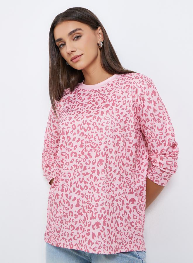 Styli Pink Leopard Print Long Sleeve T-Shirt - Image 1