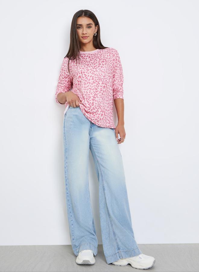 Styli Pink Leopard Print Long Sleeve T-Shirt - Image 2