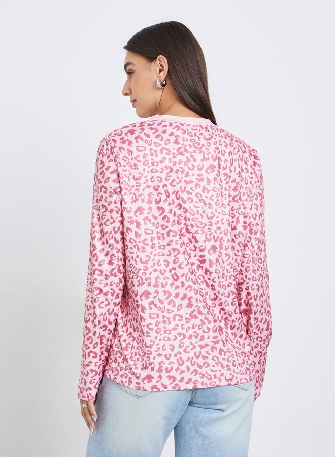 Styli Pink Leopard Print Long Sleeve T-Shirt - Image 4