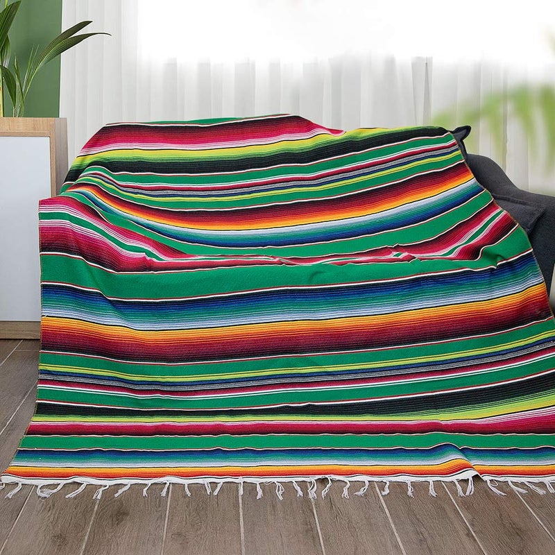 eccbox 84 x 59 Inch Mexican Tablecloth for Mexican Wedding Party Decorations Large Square Fringe Cotton Mexican Serape Blanket Bright Colors Table Cover Table Cloth Picnic Mat Green
