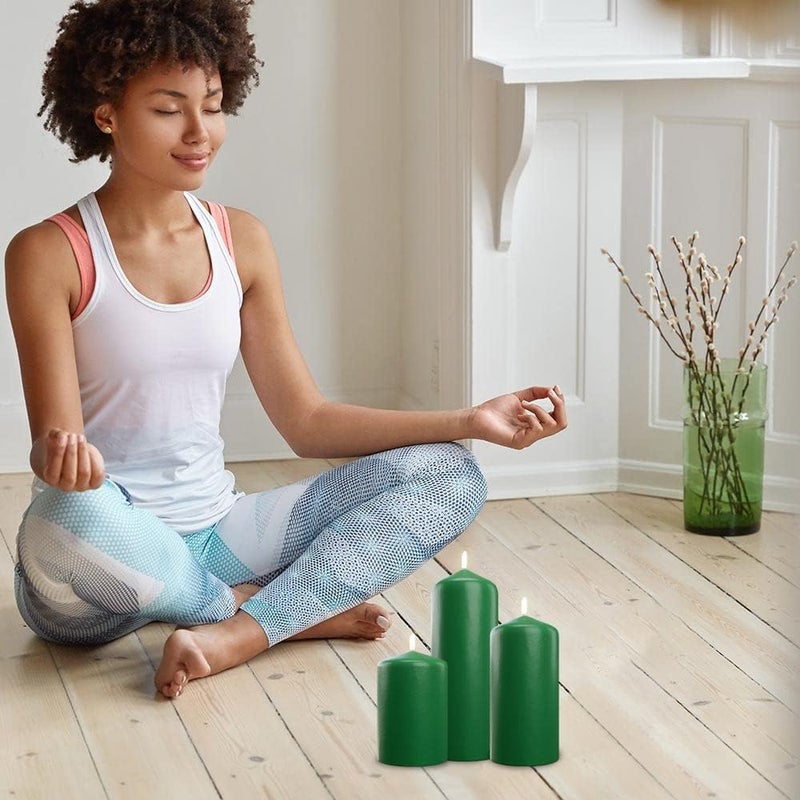 bask Cone Top Pillar Candles - Elegant Green Candles - Set of 3 Green Pillar Candles - 3"x4", 3"x6", and 3" x8 - Smokeless and Dripless Decorative Candles for Home Decor and Relaxation - Image 5