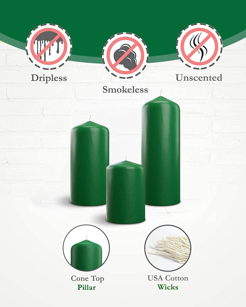 bask Cone Top Pillar Candles - Elegant Green Candles - Set of 3 Green Pillar Candles - 3"x4", 3"x6", and 3" x8 - Smokeless and Dripless Decorative Candles for Home Decor and Relaxation - Image 2
