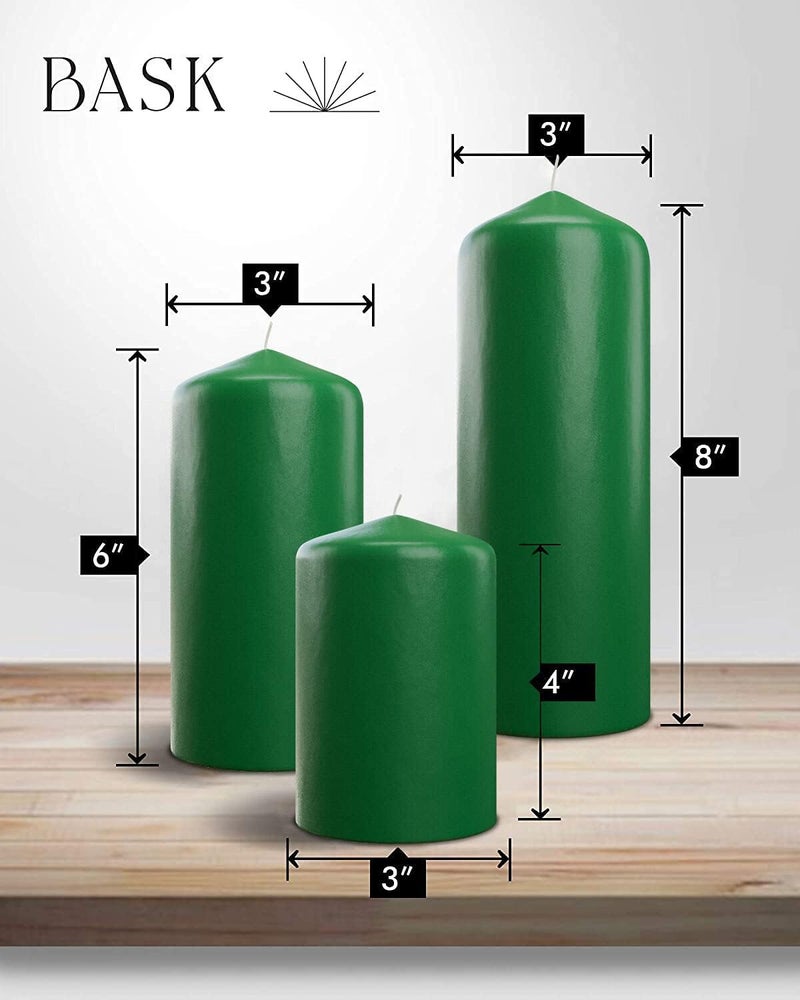 bask Cone Top Pillar Candles - Elegant Green Candles - Set of 3 Green Pillar Candles - 3"x4", 3"x6", and 3" x8 - Smokeless and Dripless Decorative Candles for Home Decor and Relaxation - Image 1