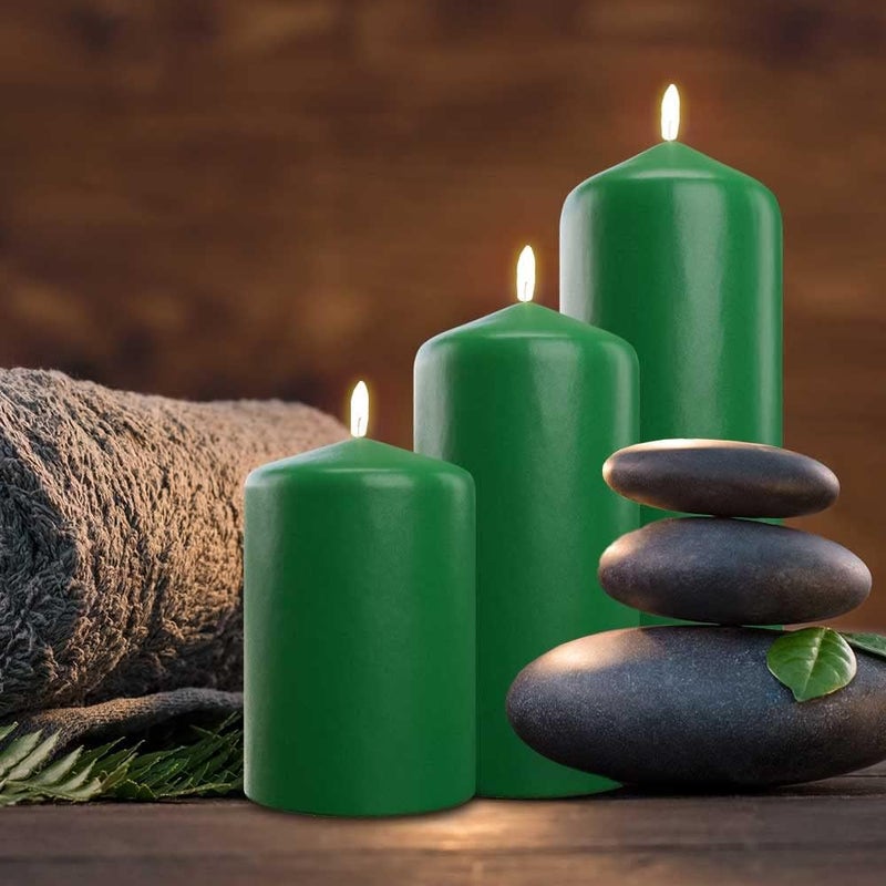 bask Cone Top Pillar Candles - Elegant Green Candles - Set of 3 Green Pillar Candles - 3"x4", 3"x6", and 3" x8 - Smokeless and Dripless Decorative Candles for Home Decor and Relaxation - Image 3