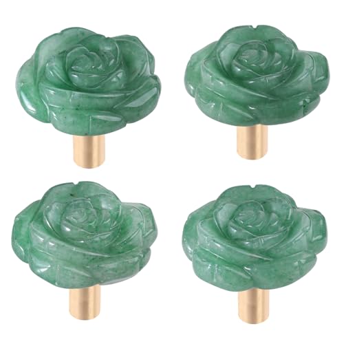 mookaitedecor Set of 4 Natural Green Aventurine Crystal Cabinet Knobs with Screws Decorative Floral Stone Drawer Pulls for Dresser Door Kitchen - Image 1