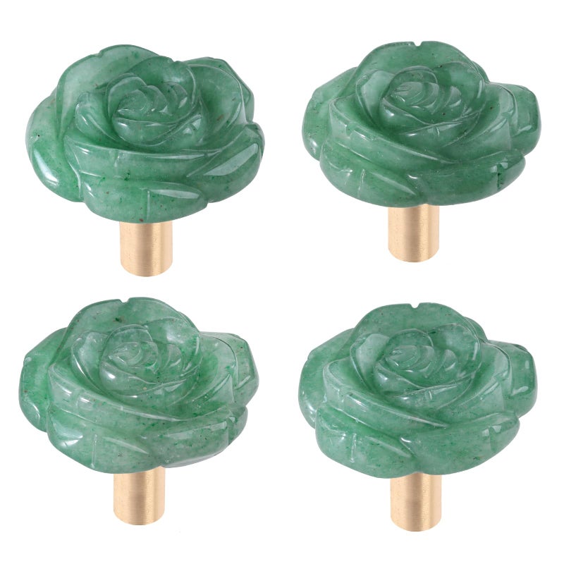 mookaitedecor Set of 4 Natural Green Aventurine Crystal Cabinet Knobs with Screws Decorative Floral Stone Drawer Pulls for Dresser Door Kitchen - Image 2