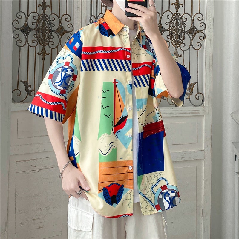 Japanese Style Beach Style Thin Vintage Floral Shirt Short-sleeved Floral Shirt Mens Loose Fashionable Couples All-match Half-sleeve Shirt Short Shirt 1178