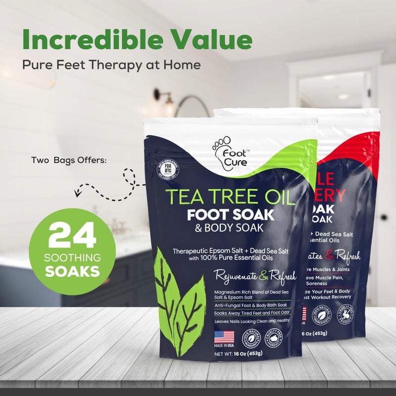 Foot Cure علاج القدم زيت شجرة الشاي ونقع القدم بالعضلات مع أملاح إبسوم - أملاح طبيعية بالكامل للتعافي بعد التمرين - يلين الكالو، يهدئ القدمين المتعبة والمؤلمة، التحكم في رائحة القدم، باديكير سبا (عبوة من 2) - Image 4