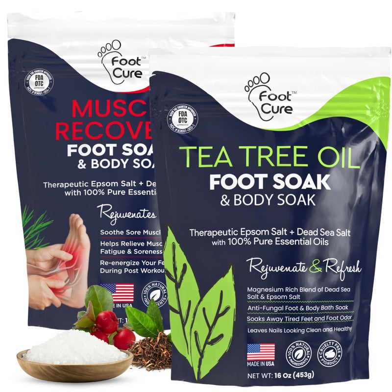 Foot Cure علاج القدم زيت شجرة الشاي ونقع القدم بالعضلات مع أملاح إبسوم - أملاح طبيعية بالكامل للتعافي بعد التمرين - يلين الكالو، يهدئ القدمين المتعبة والمؤلمة، التحكم في رائحة القدم، باديكير سبا (عبوة من 2) - Image 1