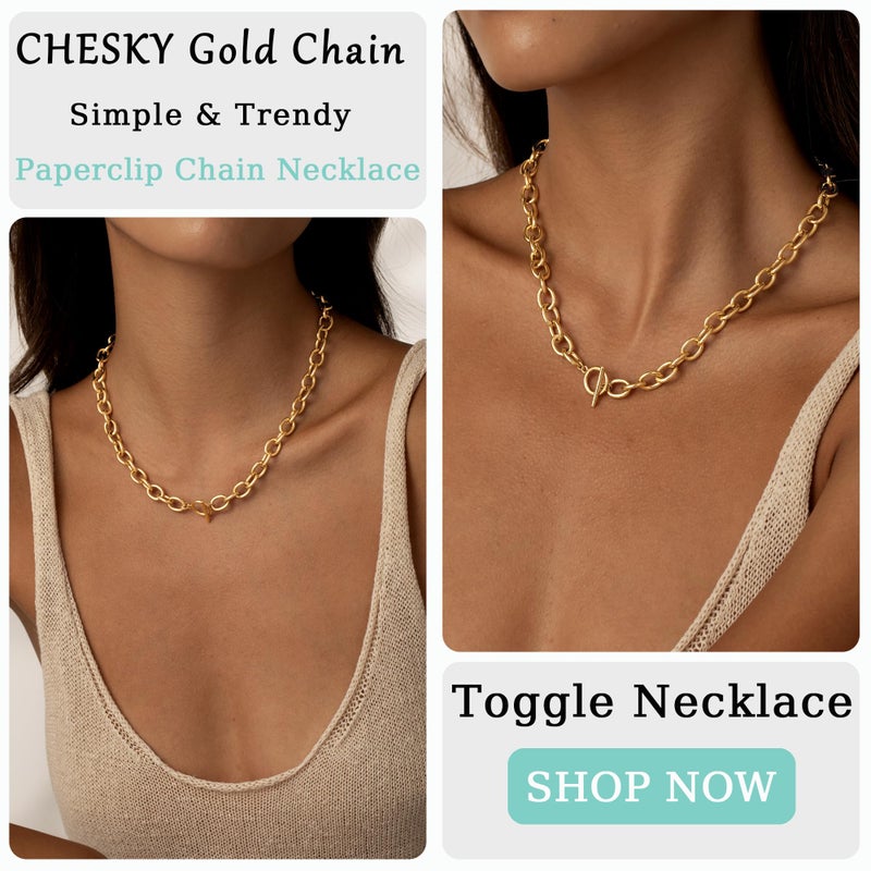 CHESKY 14K Gold Plated Chunky Necklace for Women, Trendy Paperclip Chain Necklace Thick Toggle Necklaces Non Tarnish Jewelry - Image 4