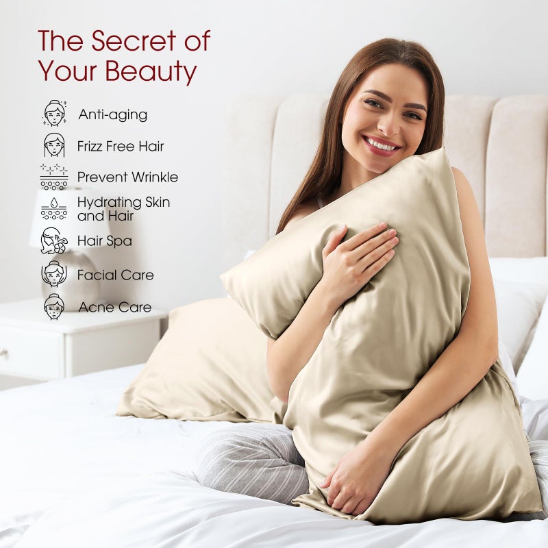 Wlosj 100% Silk Pillow Cases For Hair And 2 Pack Queen Size Mulberry Silk Pillowcase For Hair And Skin Set Of 2 Highest Grade 6A Silk Soft Breathable Cooling With Hidden Zipper  Beige - Image 3