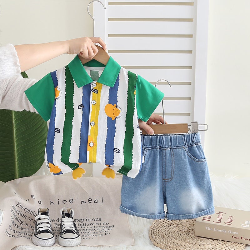 Boys' Vertical Striped Printed Shirt Suit Summer Kidsren'S Short-Sleeved Two-Piece Set Korean Style Summer Clothing For Small And Medium-Sized Kidsren - Image 3