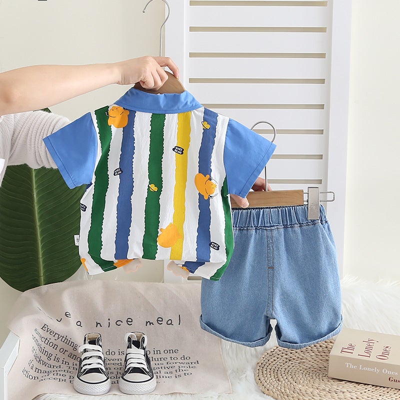 Boys' Vertical Striped Printed Shirt Suit Summer Kidsren'S Short-Sleeved Two-Piece Set Korean Style Summer Clothing For Small And Medium-Sized Kidsren - Image 5