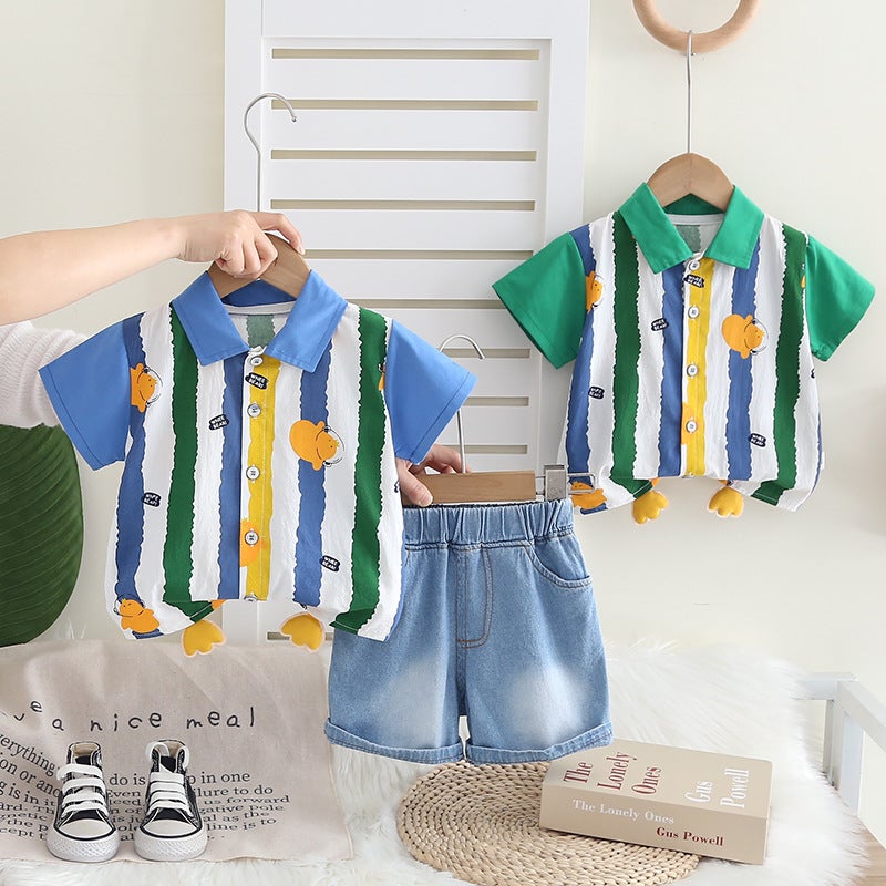 Boys' Vertical Striped Printed Shirt Suit Summer Kidsren'S Short-Sleeved Two-Piece Set Korean Style Summer Clothing For Small And Medium-Sized Kidsren - Image 2