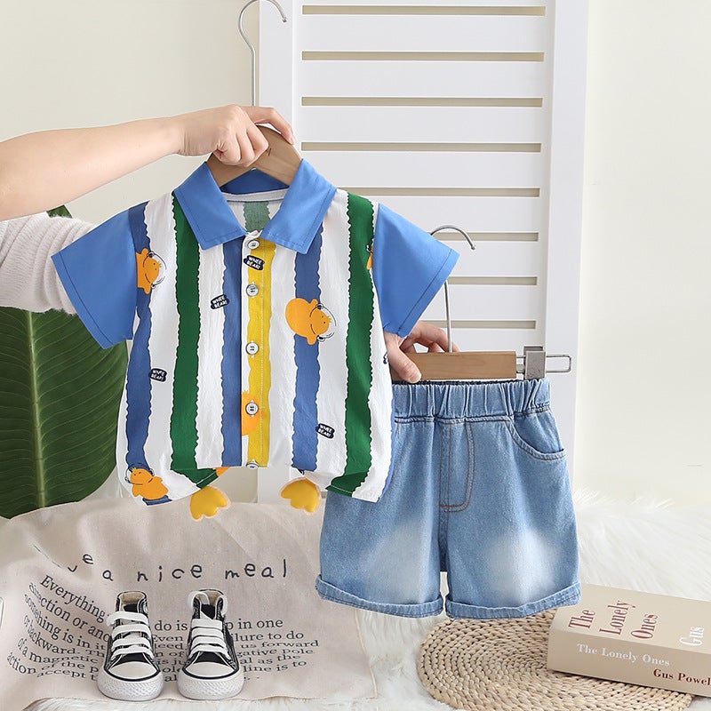 Boys' Vertical Striped Printed Shirt Suit Summer Kidsren'S Short-Sleeved Two-Piece Set Korean Style Summer Clothing For Small And Medium-Sized Kidsren - Image 4