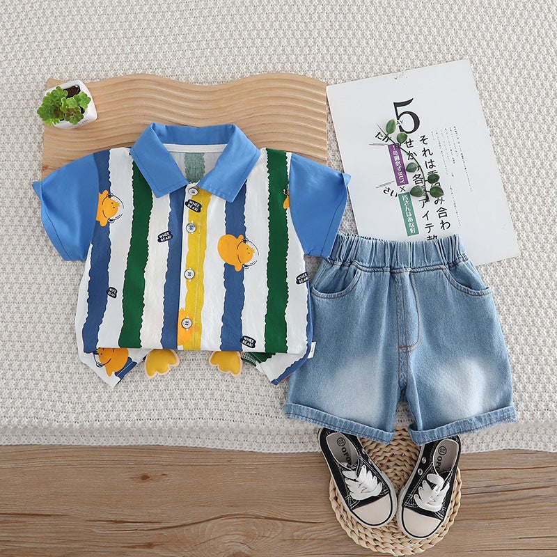 Boys' Vertical Striped Printed Shirt Suit Summer Kidsren'S Short-Sleeved Two-Piece Set Korean Style Summer Clothing For Small And Medium-Sized Kidsren - Image 1