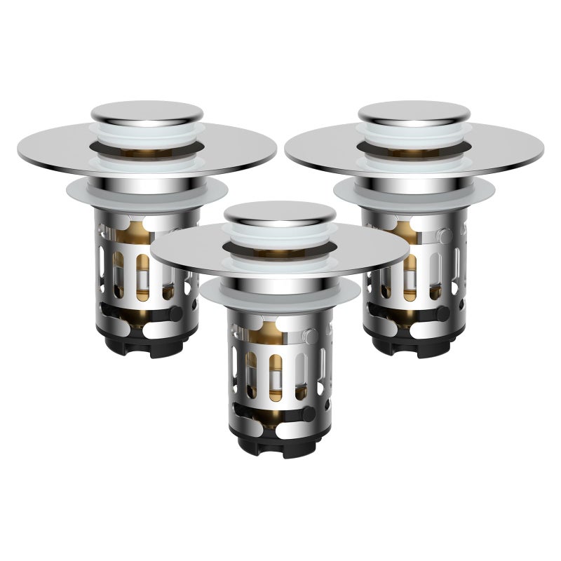Hibbent 3 Pack Upgraded 3 in 1 Bathroom Sink Drain Strainer Universal Pop Up Stopper with Removable Stainless Steel Filter Basket Hair Catcher Sink Plug for 11236 Basin Brass Core Chrome - Image 2
