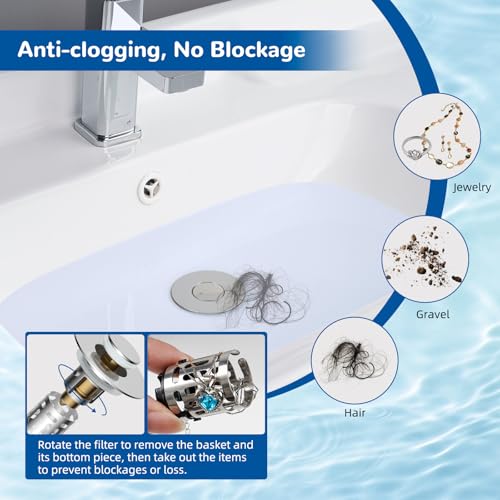 Hibbent 3 Pack Upgraded 3 in 1 Bathroom Sink Drain Strainer Universal Pop Up Stopper with Removable Stainless Steel Filter Basket Hair Catcher Sink Plug for 11236 Basin Brass Core Chrome - Image 3