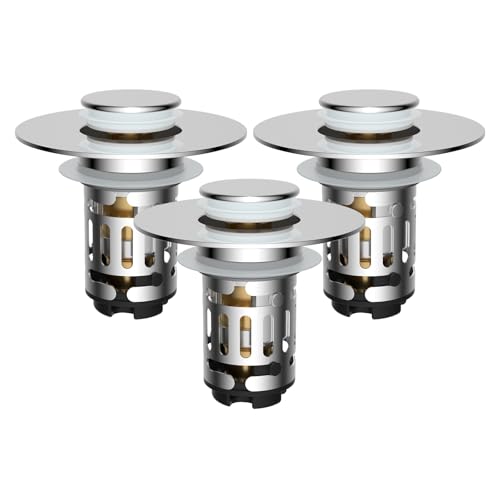 Hibbent 3 Pack Upgraded 3 in 1 Bathroom Sink Drain Strainer Universal Pop Up Stopper with Removable Stainless Steel Filter Basket Hair Catcher Sink Plug for 11236 Basin Brass Core Chrome - Image 1